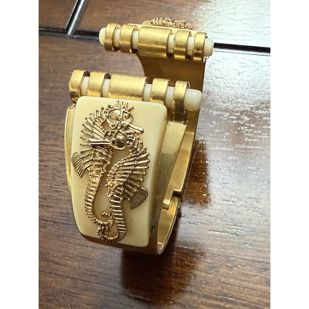 🔥CAbi Seahorse Cuff Bracelet Gold Tone Ivory Resin Hinge Retired Art Deco Style